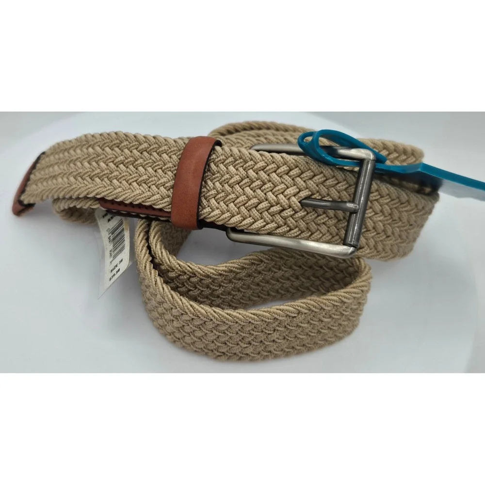 Original Penguin Mens Braided Elastic Stretch Belt Tan Leather Brown Trim Sz 38